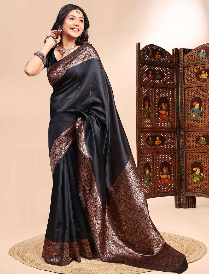 Black color weaving jacquard traditional saree with blouse piece