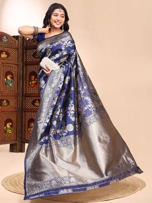 Blue color weaving jacquard traditional saree with blouse piece 3