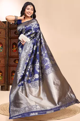 Blue color weaving jacquard traditional saree with blouse piece