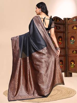 Black color weaving jacquard traditional saree with blouse piece 2