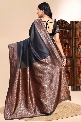Black color weaving jacquard traditional saree with blouse piece