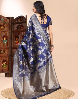Blue color weaving jacquard traditional saree with blouse piece 4