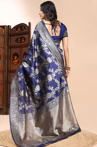 Blue color weaving jacquard traditional saree with blouse piece