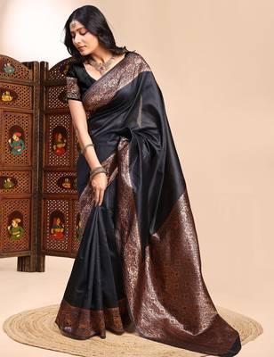 Black color weaving jacquard traditional saree with blouse piece 3