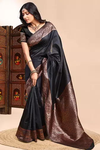 Black color weaving jacquard traditional saree with blouse piece