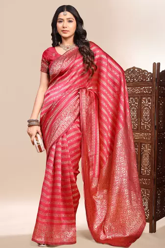 Gajari color weaving jacquard traditional saree with blouse piece