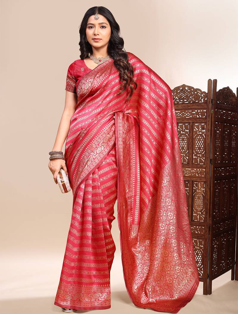 Gajari color weaving jacquard traditional saree with blouse piece