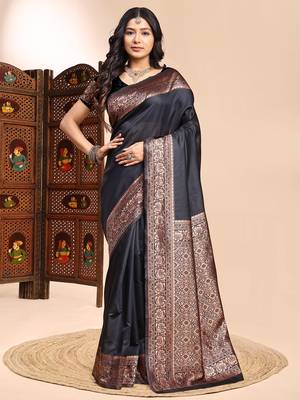Black color weaving jacquard traditional saree with blouse piece 4