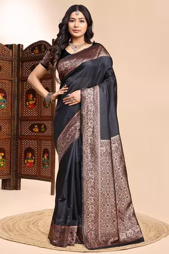 Black color weaving jacquard traditional saree with blouse piece
