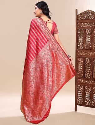 Gajari color weaving jacquard traditional saree with blouse piece 2