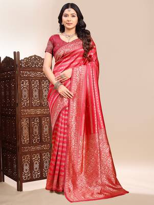 Gajari color weaving jacquard traditional saree with blouse piece 3