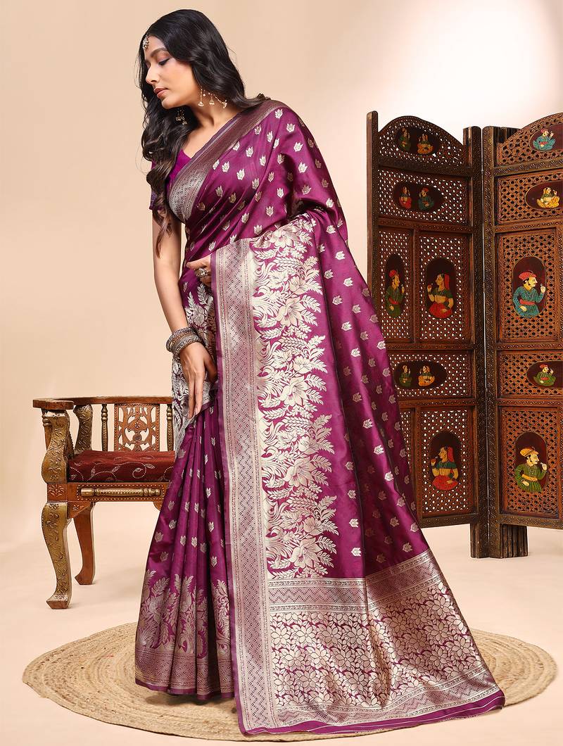 Wine color weaving jacquard traditional saree with blouse piece