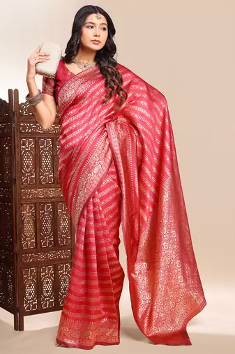 Gajari color weaving jacquard traditional saree with blouse piece