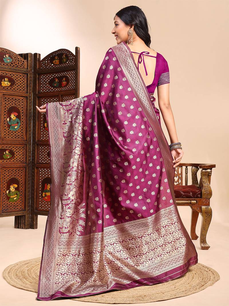 Wine color weaving jacquard traditional saree with blouse piece