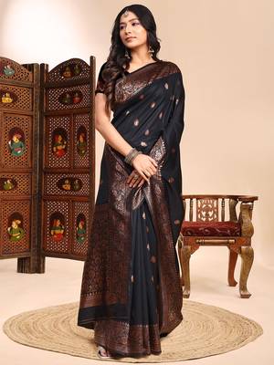 Black color weaving jacquard traditional saree with blouse piece 1