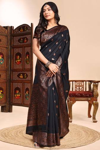 Black color weaving jacquard traditional saree with blouse piece