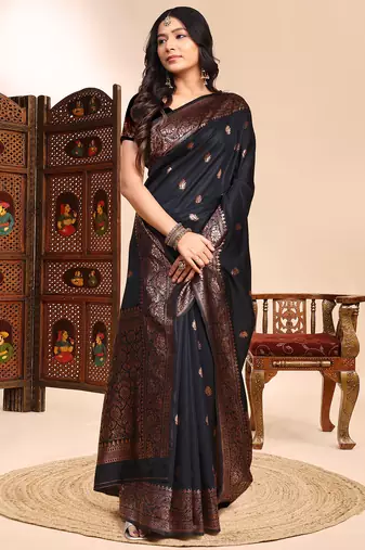 Black color weaving jacquard traditional saree with blouse piece