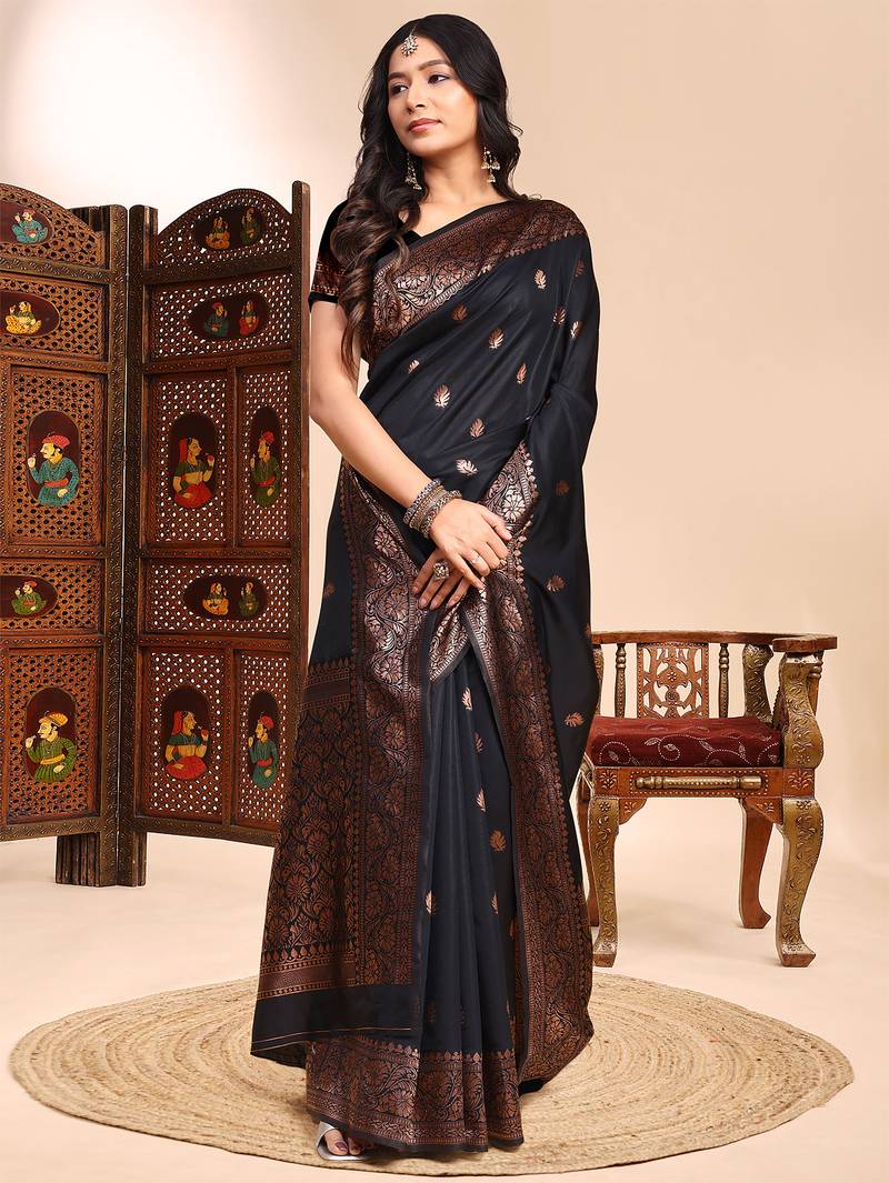Black color weaving jacquard traditional saree with blouse piece