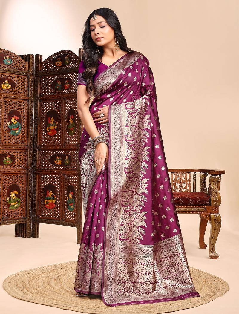 Wine color weaving jacquard traditional saree with blouse piece