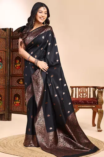 Black color weaving jacquard traditional saree with blouse piece