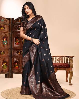 Black color weaving jacquard traditional saree with blouse piece 3