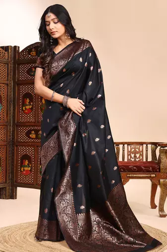 Black color weaving jacquard traditional saree with blouse piece