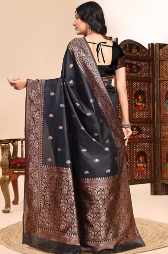 Black color weaving jacquard traditional saree with blouse piece