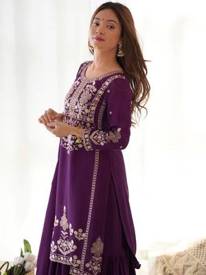 Attractive Purple Embroidered Chinon Wedding Wear Sharara Suit 7