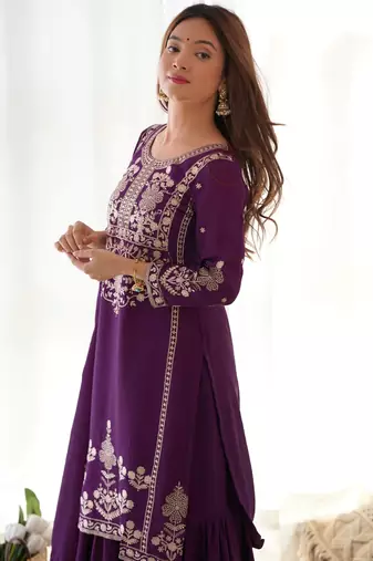 Attractive Purple Embroidered Chinon Wedding Wear Sharara Suit