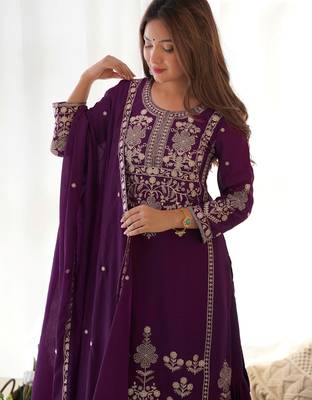 Attractive Purple Embroidered Chinon Wedding Wear Sharara Suit 8