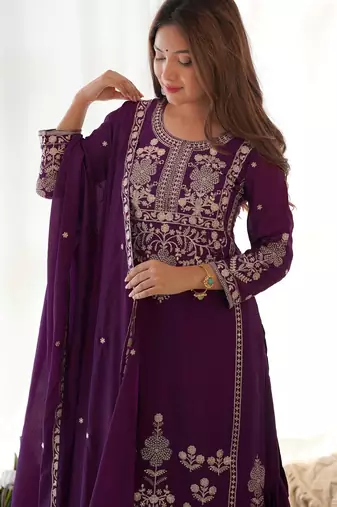 Attractive Purple Embroidered Chinon Wedding Wear Sharara Suit