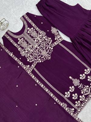 Attractive Purple Embroidered Chinon Wedding Wear Sharara Suit 9