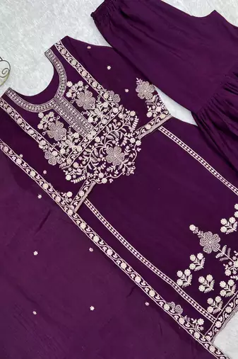 Attractive Purple Embroidered Chinon Wedding Wear Sharara Suit