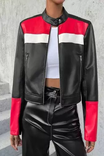 Women's  black red & white leather jacket biker motorcycle slim fit stylish