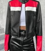 Women's  black red & white leather jacket biker motorcycle slim fit stylish