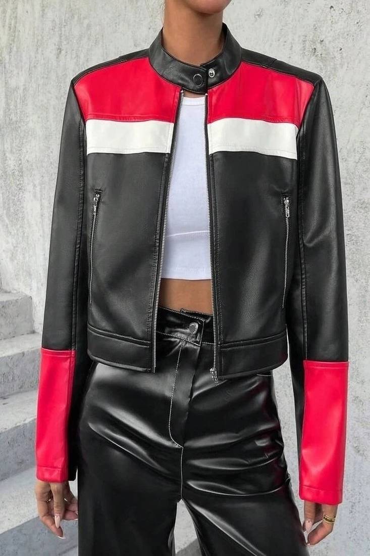 Women's  black red & white leather jacket biker motorcycle slim fit stylish