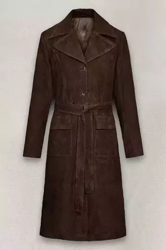 Women’s premium suede leather trench coat belted longline slim fit coat