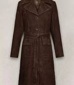 Women’s premium suede leather trench coat belted longline slim fit coat