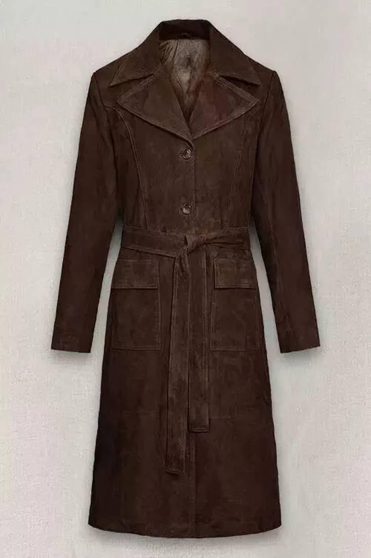 Women’s premium suede leather trench coat belted longline slim fit coat