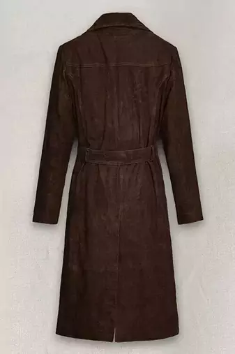 women's genuine suede leather trench coat adjustable belted waist