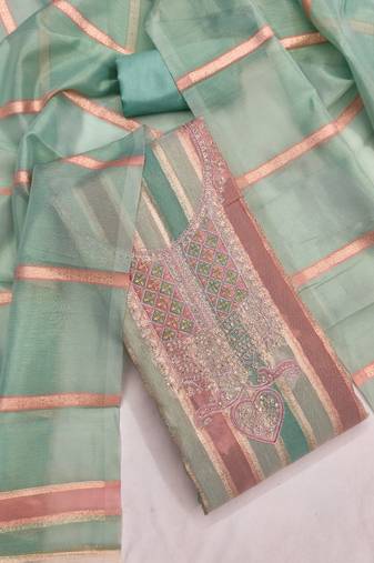 Elegant mint green striped embroidered kurta set with dupatta for women