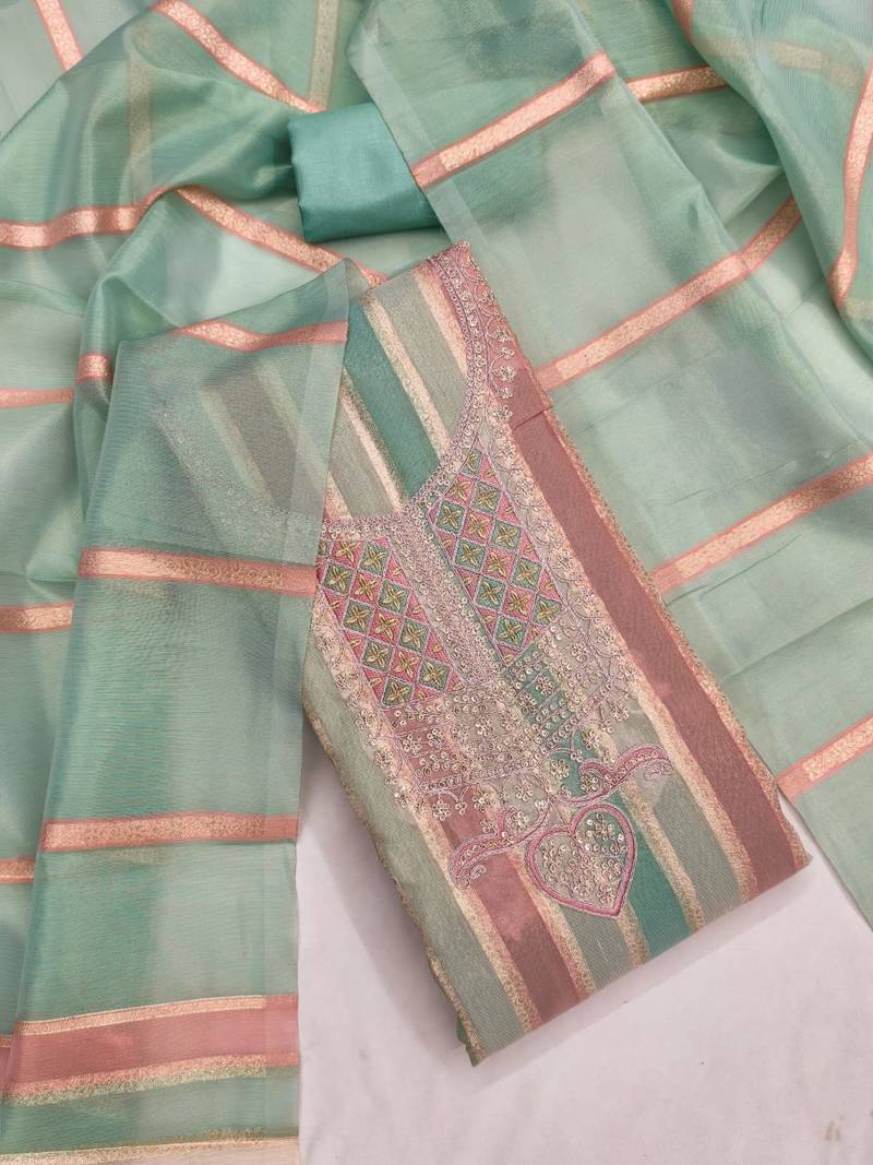 Elegant mint green striped embroidered kurta set with dupatta for women