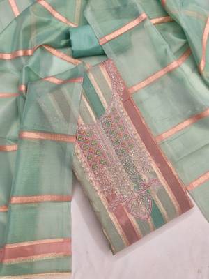 Elegant mint green striped embroidered kurta set with dupatta for women 1