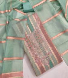 Elegant mint green striped embroidered kurta set with dupatta for women