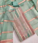Elegant mint green striped embroidered kurta set with dupatta for women