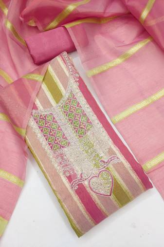 Elegant pink striped embroidered kurta set with dupatta for women