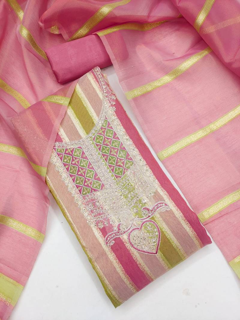 Elegant pink striped embroidered kurta set with dupatta for women