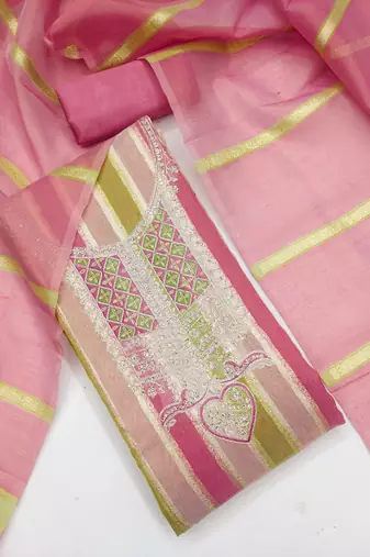 Elegant pink striped embroidered kurta set with dupatta for women