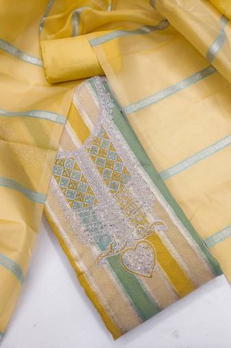 Elegant yellow striped embroidered kurta set with dupatta for women