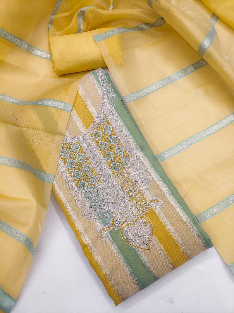 Elegant yellow striped embroidered kurta set with dupatta for women